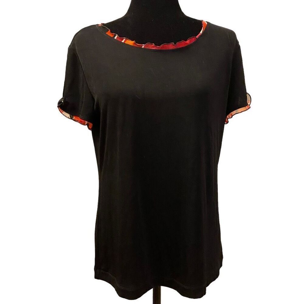 Chico’s Travelers Short Sleeve Ruffle Slinky‎ Stretchy Black Top Sz M NWOT